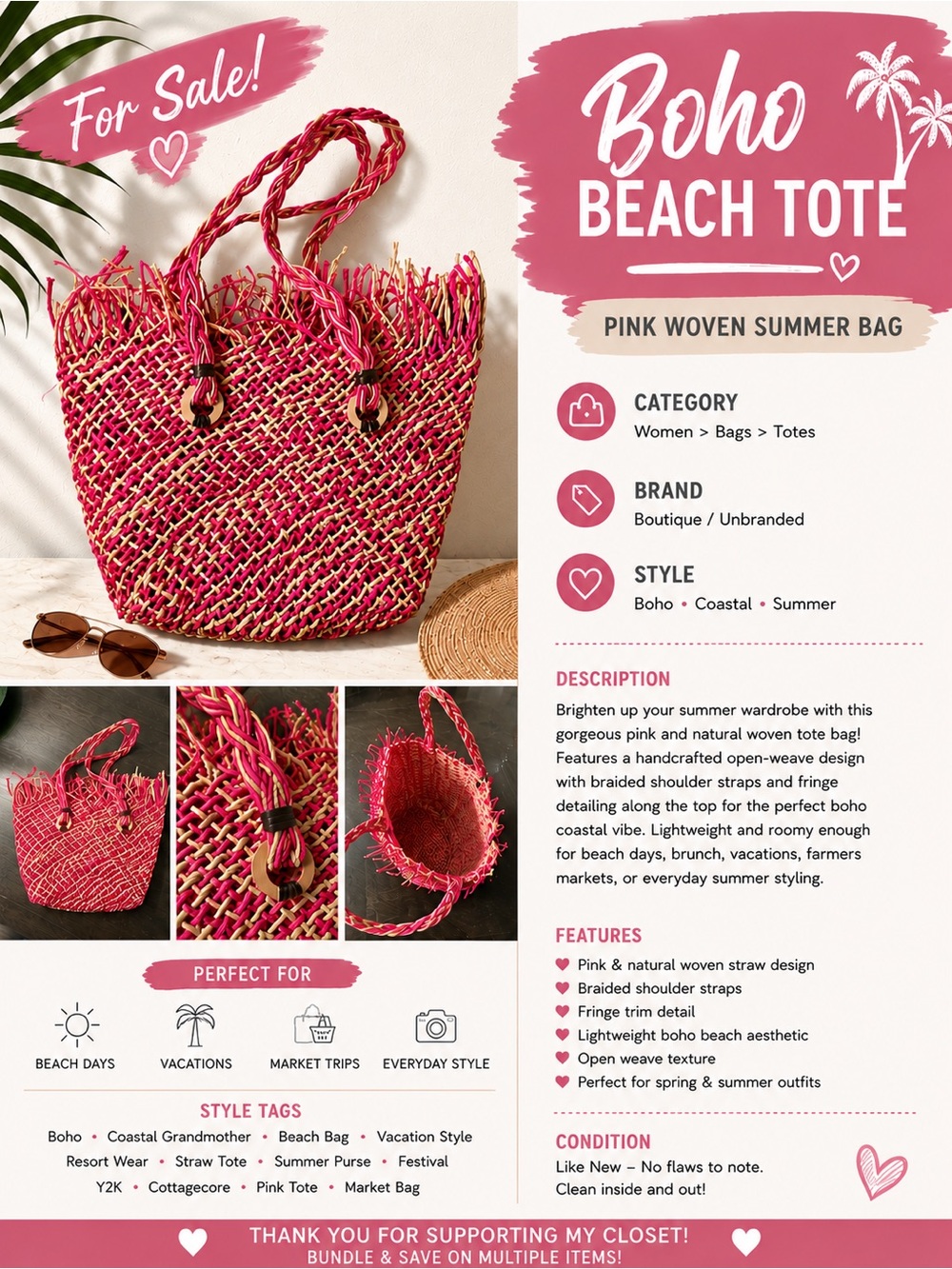 Boho Pink Woven Beach Tote - Vacation Style Straw Bag